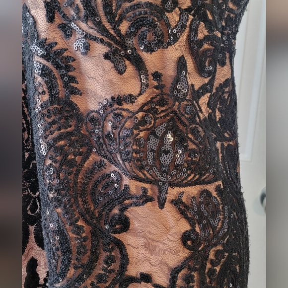 Free People Night Shimmers Micro Chemise Dress Woman's 4 Black Tan Sequined Lace - Picture 7 of 11